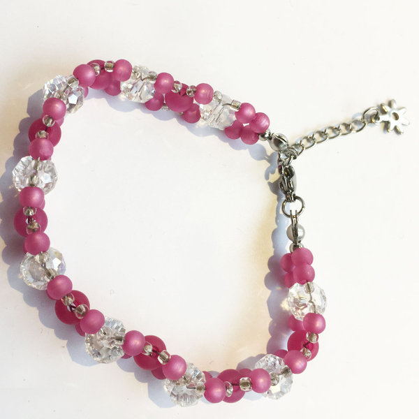Armband mit Glas-Facett und Polarisperlen und Edelstahlanhänger "Blume" - pink-kristall