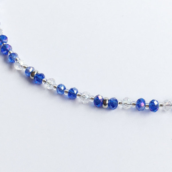 Halskette mit Glas-Facettperlen und Edelstahlperlen - kobaltblau-kristall